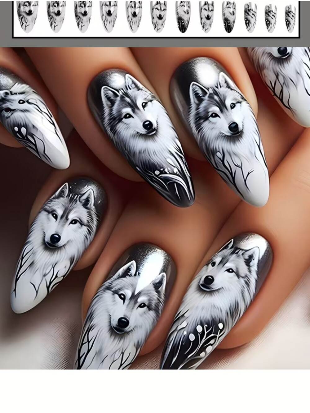 24 Shiny Wolf Design Press-On Nails